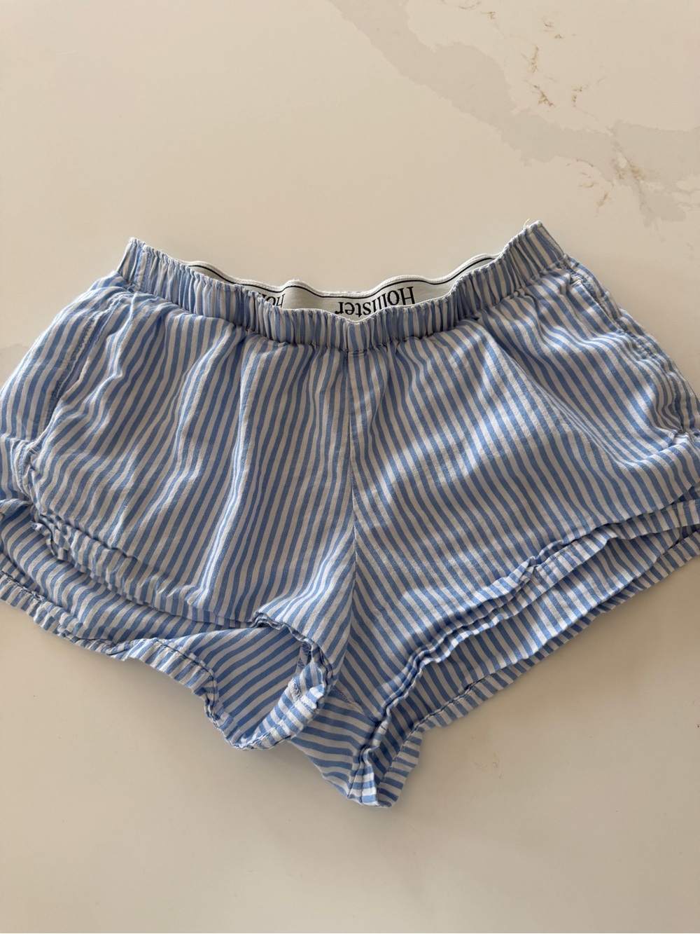 Hollister Light Blue and White Striped Women's Athletic Shorts